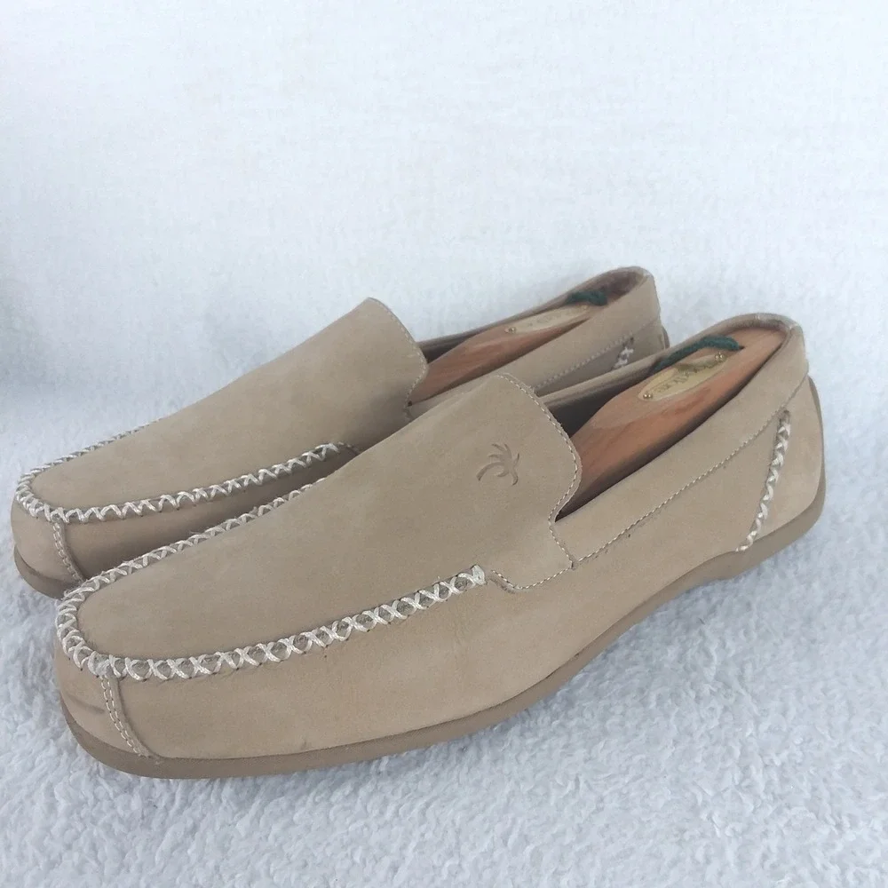 Margaritaville Venice Mens 10 Loafer Shoes Tan Suede Palm Tree Logo Boat Coastal